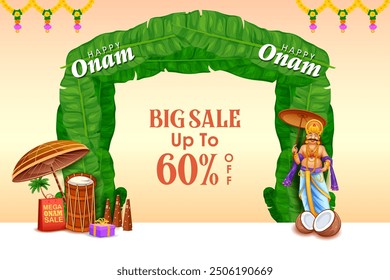 illustration of King Mahabali, Kathakali dancer in Onam traditional festival Sale background showing the culture of Kerala, South India