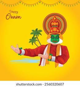 Illustration of King Mahabali, Kathakali dancer in Onam traditional festival background showing the culture of Kerala, South India. South Indian Kerala festival happy onam greetings background.