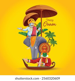 Illustration of King Mahabali, Kathakali dancer in Onam traditional festival background showing the culture of Kerala, South India. South Indian Kerala festival happy onam greetings background.