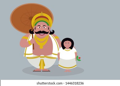Illustration of King Mahabali with a little girl. Concept for Onam festival of Kerala, India.