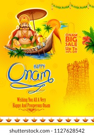illustration of King Mahabali on advertisement and promotion background for Happy Onam festival of South India Kerala illustration of King Mahabali on advertisement and promotion background for Happy Onam festival of South India Kerala