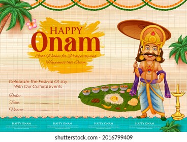 Illustration Of King Mahabali In Onam Traditional Festival Background Showing Culture Of Kerala, South India