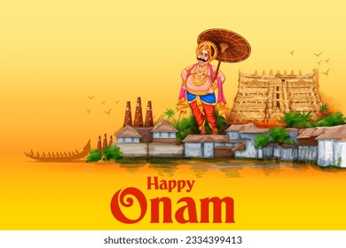 ilustración del Rey Mahabali en el fondo tradicional del festival Onam que muestra la cultura de Kerala, India del Sur