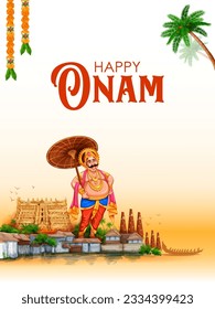 ilustración del Rey Mahabali en el fondo tradicional del festival Onam que muestra la cultura de Kerala, India del Sur