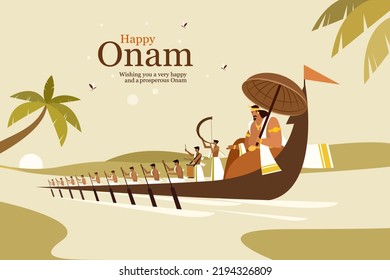 Illustration of King Mahabali and rowers in a snake boat celebrating Onam . Onam is a harvest festival in Kerala, India	