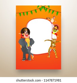 Illustration of King Mahabali sitting on Elephant, Dancers performing Traditional Dance Forms of Kerala on shiny background with space for your text. Can be used as greeting card design.