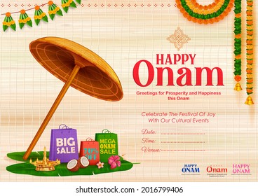 ilustración del paraguas del Rey Mahabali en la celebración del Festival Happy Onam de Kerala, en el sur de India