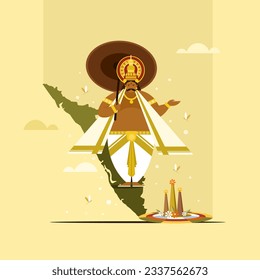 Illustration of King Mahabali with umbrella standing in Kerala. Onam is a harvest festival in Kerala, India.