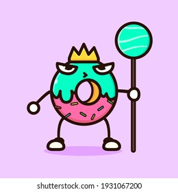 Illustration Of The King Of Mint Chocolate Flavored Donuts, Cute King Donut Mint Chocolate Flat Style Vector For Mascot Logo