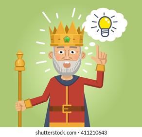 Illustration of a king pointing up to an idea light bulb. Emoticon, emoji, facial expression. Monarch, ruler, governor, medieval king. Flat style vector illustration