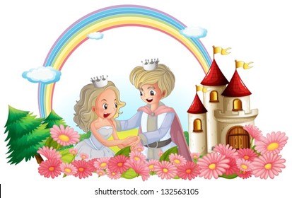 Ilustración del rey y la reina delante de su castillo sobre un fondo blanco