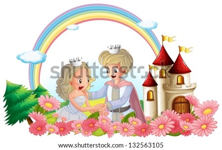 Illustration of the king and queen in front of their castle on a white background