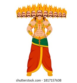 Illustration of King Ravan Demon with His Ten Heads in Standing Pose.