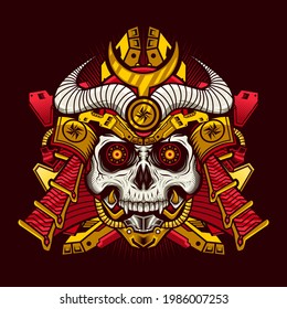Illustration of King Samurai Skull Cyborg with Helmet Detailed Vector Design