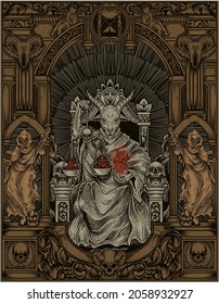 illustration king satan on gothic engraving ornament style