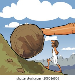 Illustration Of King Sisyphus Rolling A Boulder Up The Hill. A Big God's Finger Helps Him To Roll It.