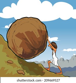 Illustration of king Sisyphus rolling a boulder up the hill.