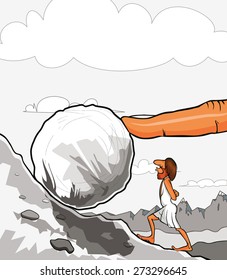 Illustration of king Sisyphus rolling a boulder up the hill. A big God's finger helps him to roll it.