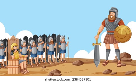 Illustration of a king sitting on a throne surrounded by a large army, depicting the religious Bible story of David and Goliath