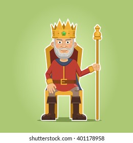 Illustration of a king sitting on a throne. Old king with golden crown isolated on abstract background. Simple style vector illustration