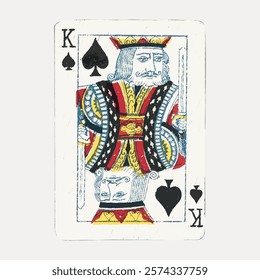 Illustration of a King of Spades playing card. The King of Spades features a regal figure with a sword. Classic King of Spades design in vibrant colors. Vintage art drawing, isolated vector.