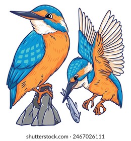 an illustration of kingfisher bird flying and catch a small fish in cartoon drawing style