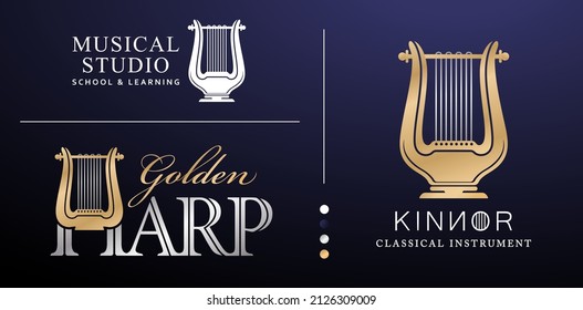 ilustración de un logotipo de Kinnor o harp y del concepto de inscripción del logotipo con fondo aislado de color oro y plata, aplicable al producto de marca de etiqueta, logotipo corporativo, escuela y símbolo del instituto 