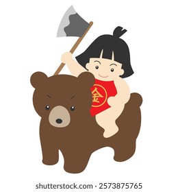 Illustration of Kintaro riding a bear:translationGold