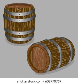 Illustration kit wooden barrels, casks in various position. Wooden barrels consisting of collection to tree casks for storage alcohol drink. Casks stand on warehouse together with wooden barrels.