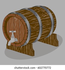 Illustration Kit Wooden Barrels, Casks In Various Position. Wooden Barrels Consisting Of Collection To Tree Casks For Storage Alcohol Drink. Casks Stand On Warehouse Together With Wooden Barrels.