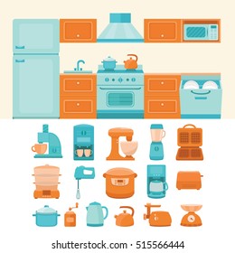 Illustration of a kitchen with appliances. Collection of vector elements kitchen appliances: refrigerator, stove, microwave, dishwasher, coffee machine, blender, slow cooker, toaster, electric kettle.