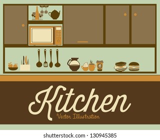 Illustration kitchen with appliances, food and drawers. vector illustration