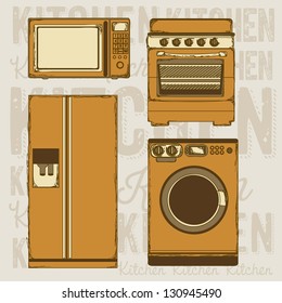 Illustration of kitchen appliances. illustration of a microwave, a large fridge,  a washing machine and a stove. vector
