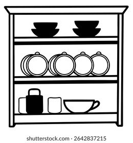  illustration of a kitchen cabinet with three shelves stocked with plates, bowls, cups, and other kitchenware. Perfect for kitchen organization, home decor, or cooking