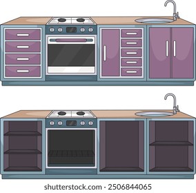 Illustration of Kitchen Cabinets with Sink, Faucet, Gas Stove, and Oven