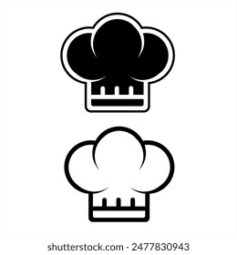 Ilustración de un icono de sombrero de chef de cocina. Aislado sombrero profesional del uniforme del chef. Disfraz de jefe de profesión culinaria. Restaurante, café, logotipo gráfico, contorno, perfecto, marca, sello, blanco y negro