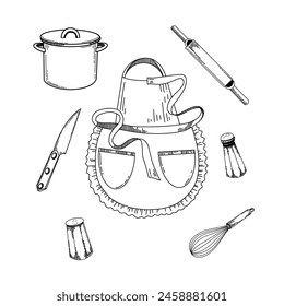 Illustration for the kitchen. Cooking apron, knife, rolling pin for dough, salt and pepper shaker, whisk for whipping. Objects are drawn in black in vector. For the kitchen, stove, design, dishes.