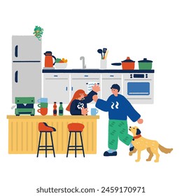 Illustration of a kitchen, kitchen counter, and men and women