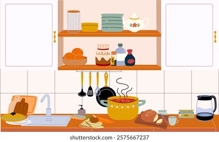 Illustration of a kitchen countertop. Kitchen interior, sink, household appliances and kitchen utensils.