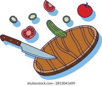 Illustration of a kitchen cutting board with a knife and fresh vegetable slices