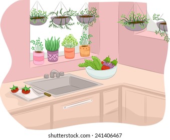 Illustration of a Kitchen Decorated with Indoor Plants