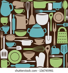 Illustration of kitchen dishes and utensils, seamless pattern