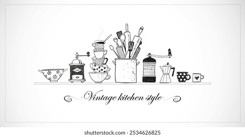 Illustration of kitchen doodles featuring stacked cups, utensils, and coffee makers in a playful, minimalist style on white background.