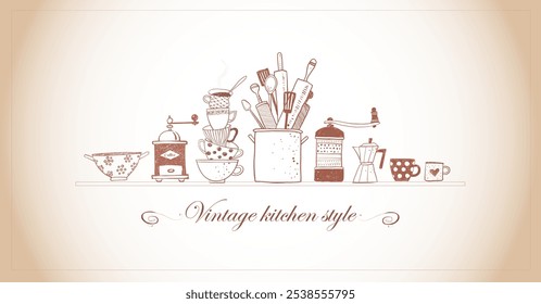 Illustration of kitchen doodles featuring stacked cups, utensils, and coffee makers in a playful vintage style.