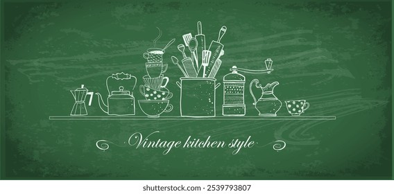 Illustration of kitchen doodles featuring stacked cups, utensils, and coffee makers in a playful vintage style on green chalkboard background