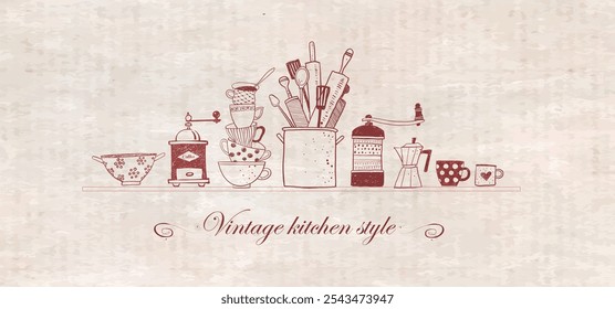 Ilustração de rabiscos de cozinha com copos empilhados, utensílios e cafeteiras em um estilo vintage lúdico.