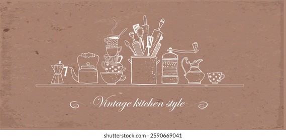 Illustration of kitchen doodles featuring stacked cups, utensils, and coffee makers in a playful vintage style on brown parcel paper.