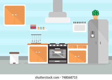 illustration kitchen interior in a flat style on a blue background with modern furniture, stove, refrigerator, shelves, oven pie