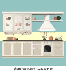 Ilustración del interior de la cocina en colores claros, accesorios de cocina en el estante, platos.