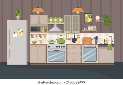 Illustration of a kitchen interior with modern furniture. Kitchen utensils - dishes, spice jars, toaster and kettle. Refrigerator and cabinets, shelves. Stove and dishwasher. Flat vector.